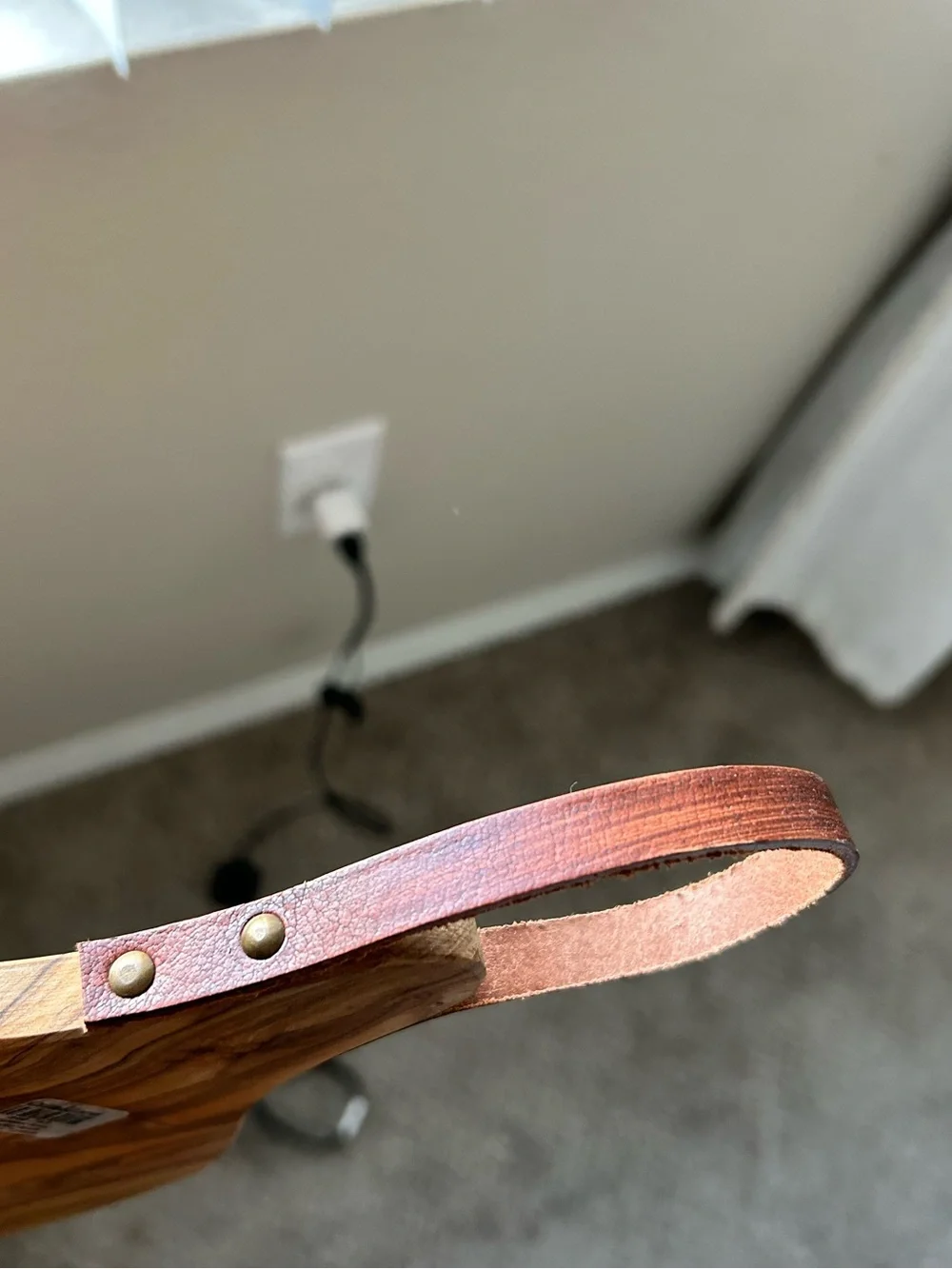 Crate&Barrel Olive Wood Serving Board with Brown Leather Loop